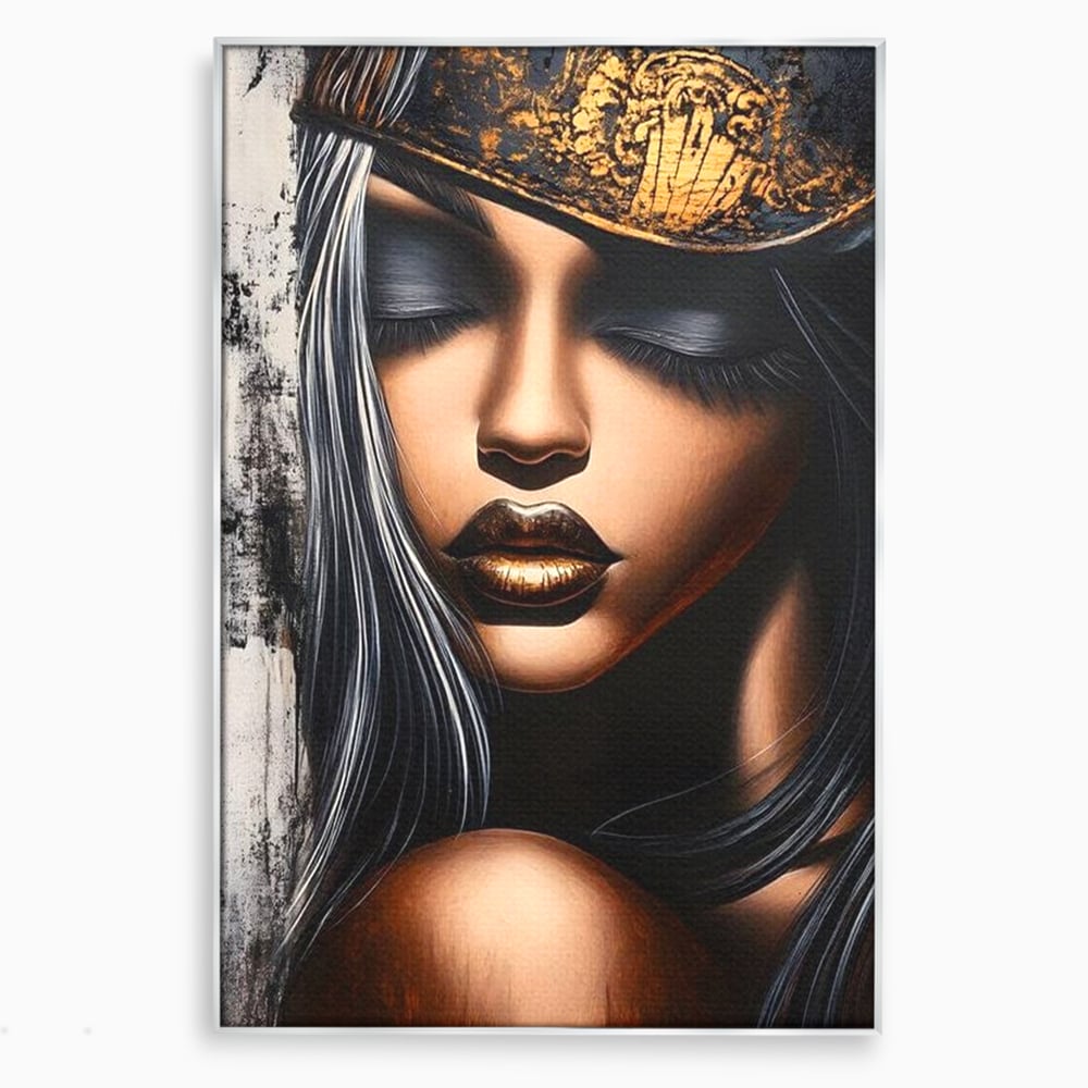 Tablou canvas cu tablou canvas cu femeie si coroana aurie, in rama de aluminiu argintiu